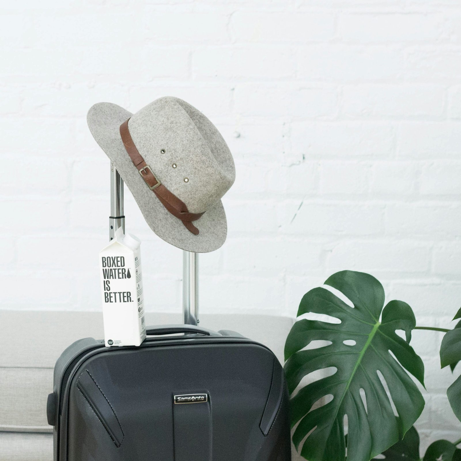 a hat and boxed A hat and Boxed Water carton sit on a suitcase